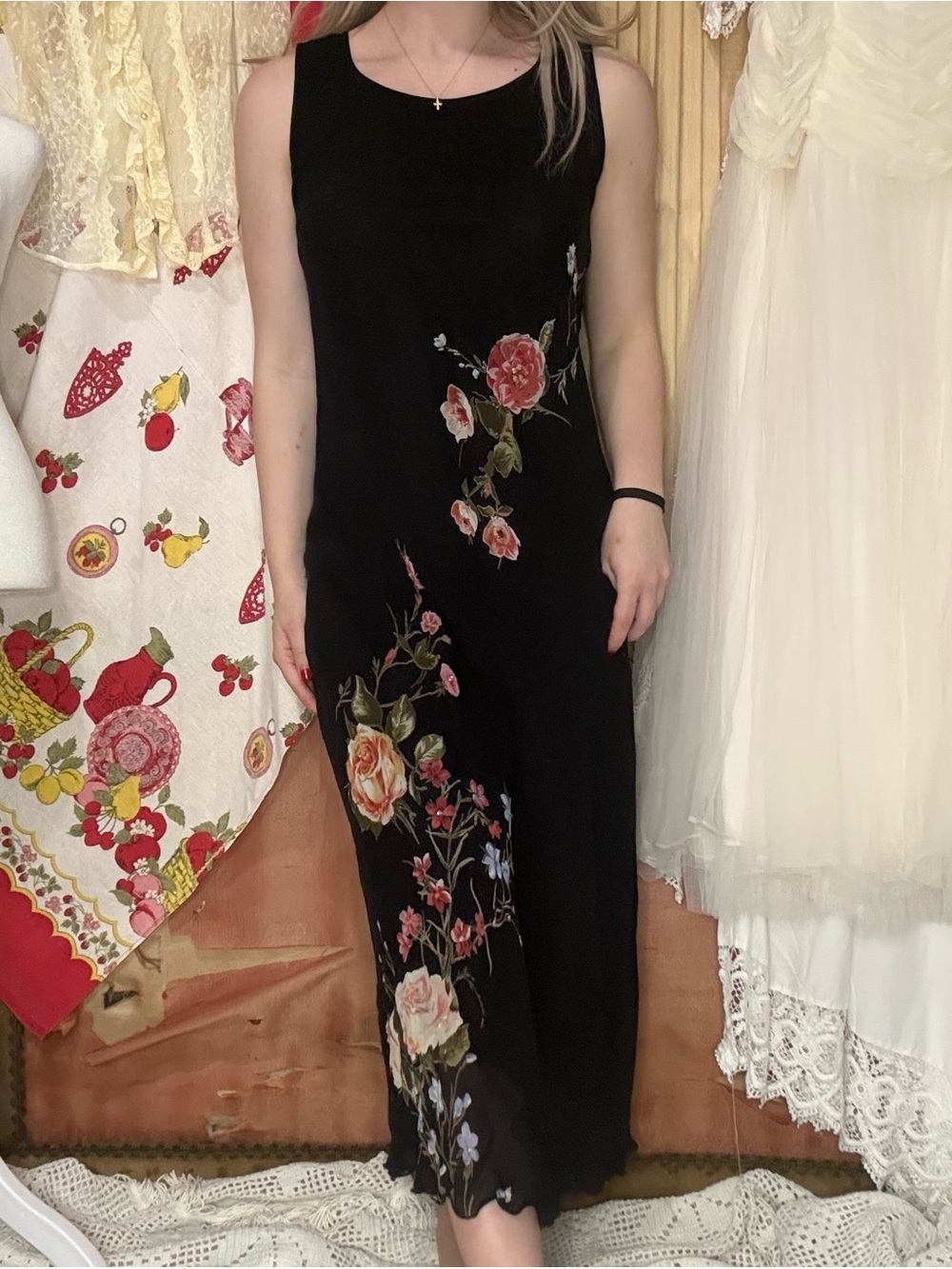 Vintage 90’s Dressbarn Black Slip Dress and cardigan with Subtle Floral Detail